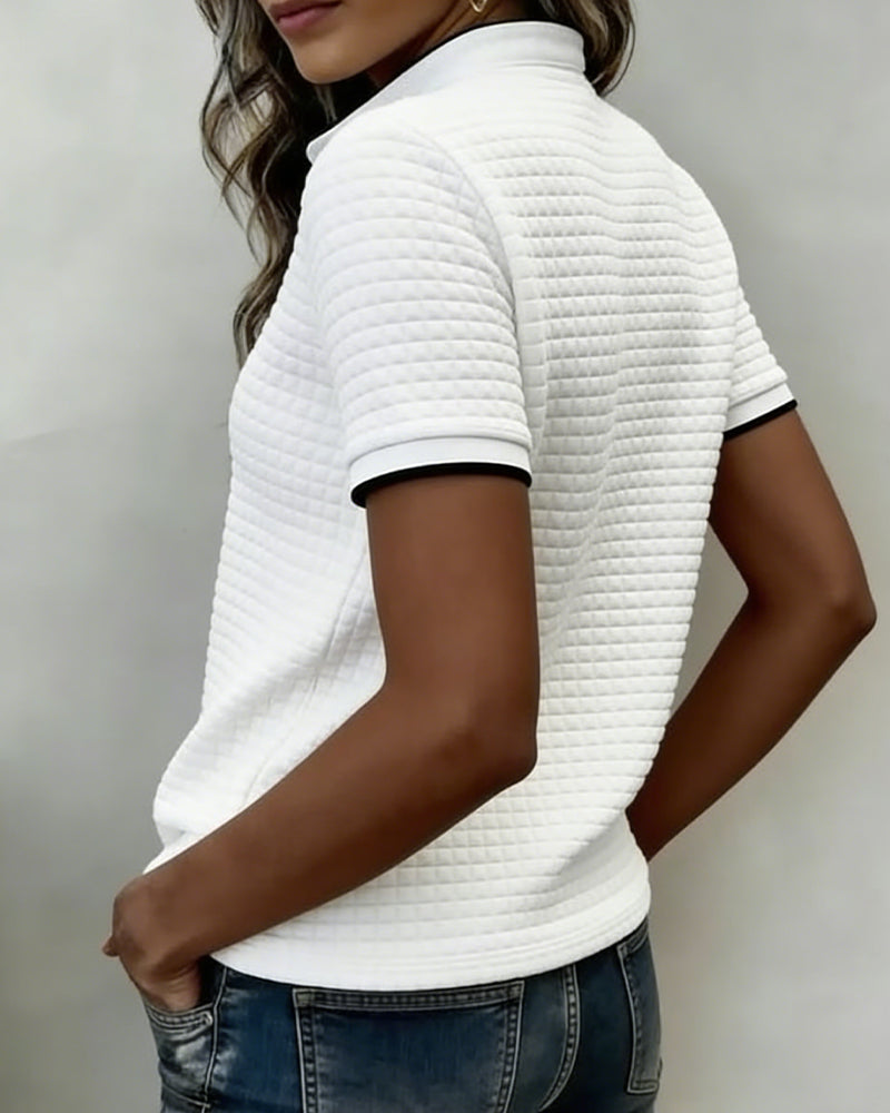 Buttoned Ribbed Jersey Top with Short Sleeves