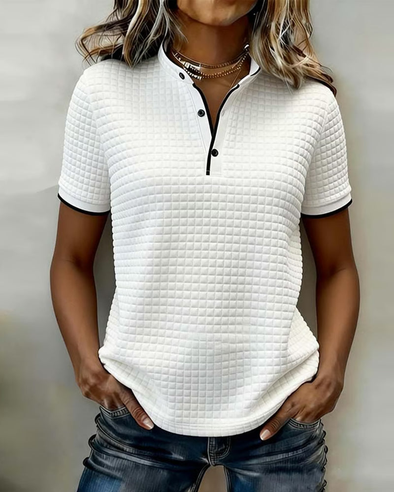Buttoned Ribbed Jersey Top with Short Sleeves