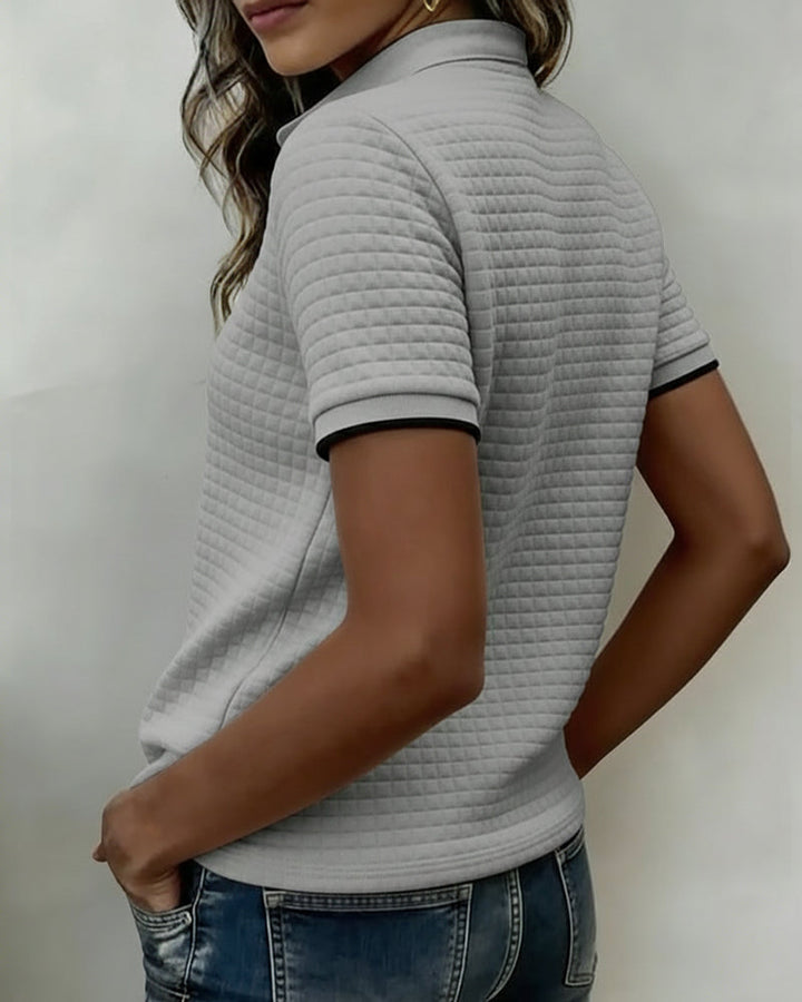 Buttoned Ribbed Jersey Top with Short Sleeves