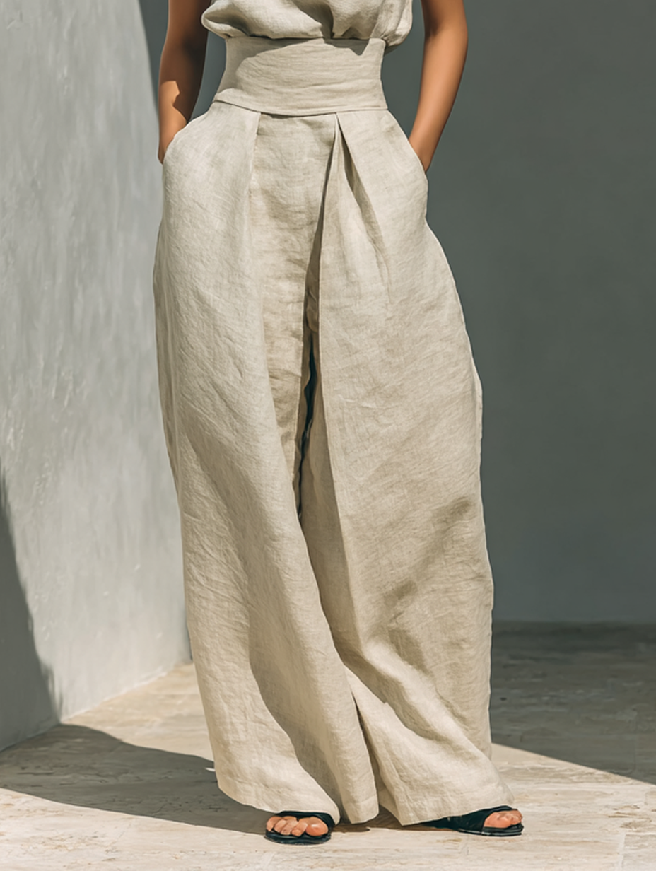 Maria - Minimalist Cotton and Linen Camisole and Wide-Leg Trousers Set for Women