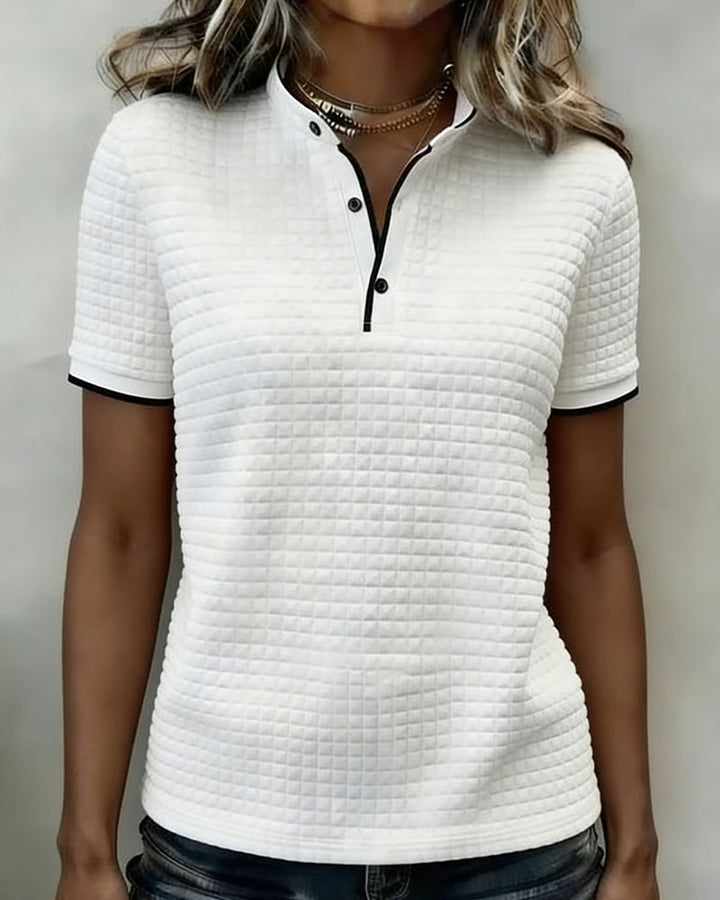 Buttoned Ribbed Jersey Top with Short Sleeves