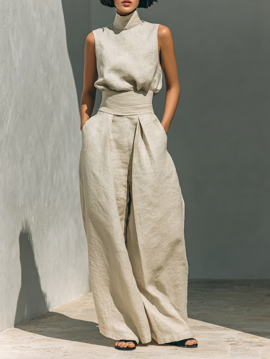 Maria - Minimalist Cotton and Linen Camisole and Wide-Leg Trousers Set for Women