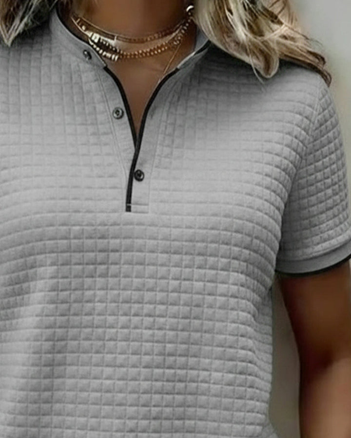 Buttoned Ribbed Jersey Top with Short Sleeves