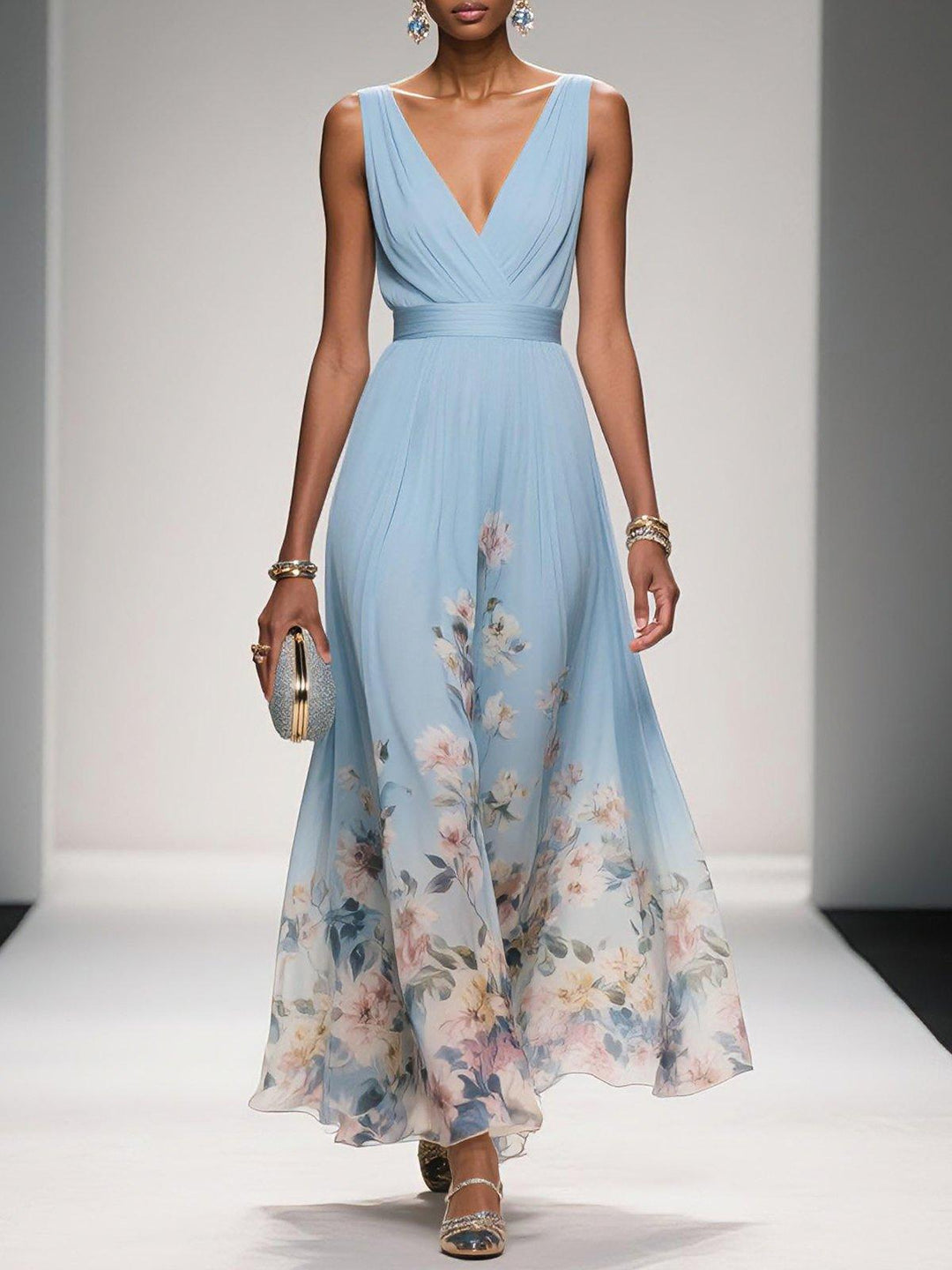 Rosa - Floral Chiffon V-Neck Maxi Dress