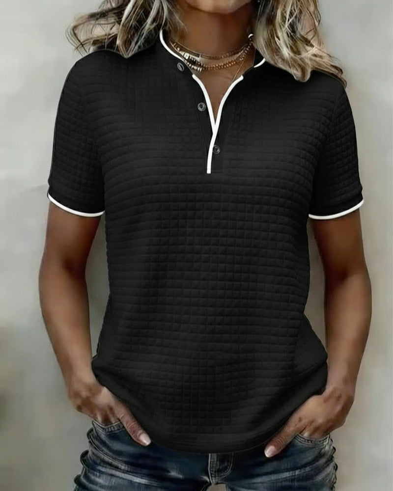 Buttoned Ribbed Jersey Top with Short Sleeves