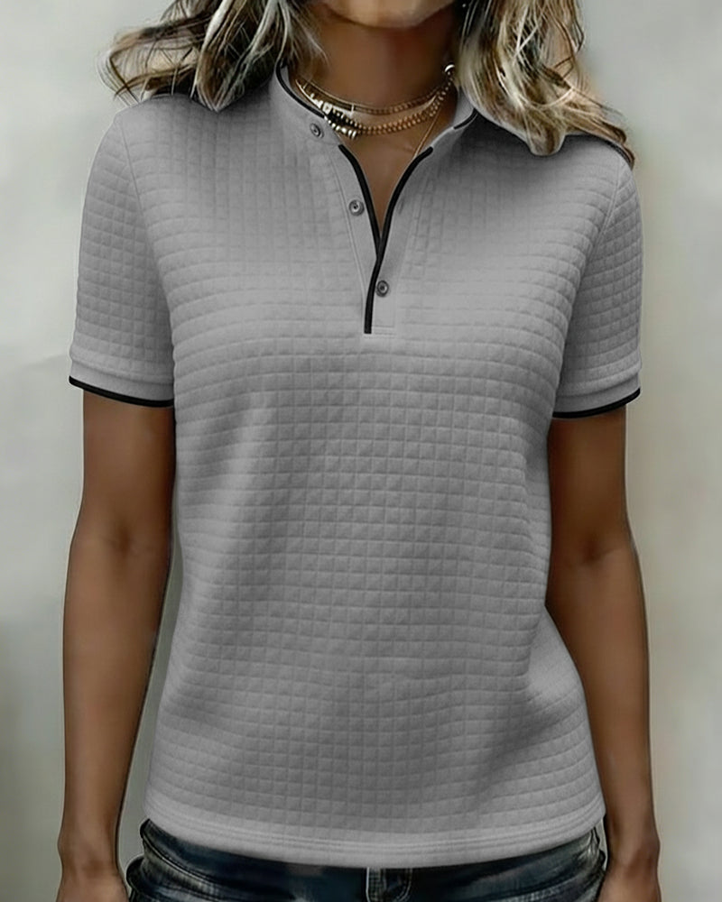 Buttoned Ribbed Jersey Top with Short Sleeves