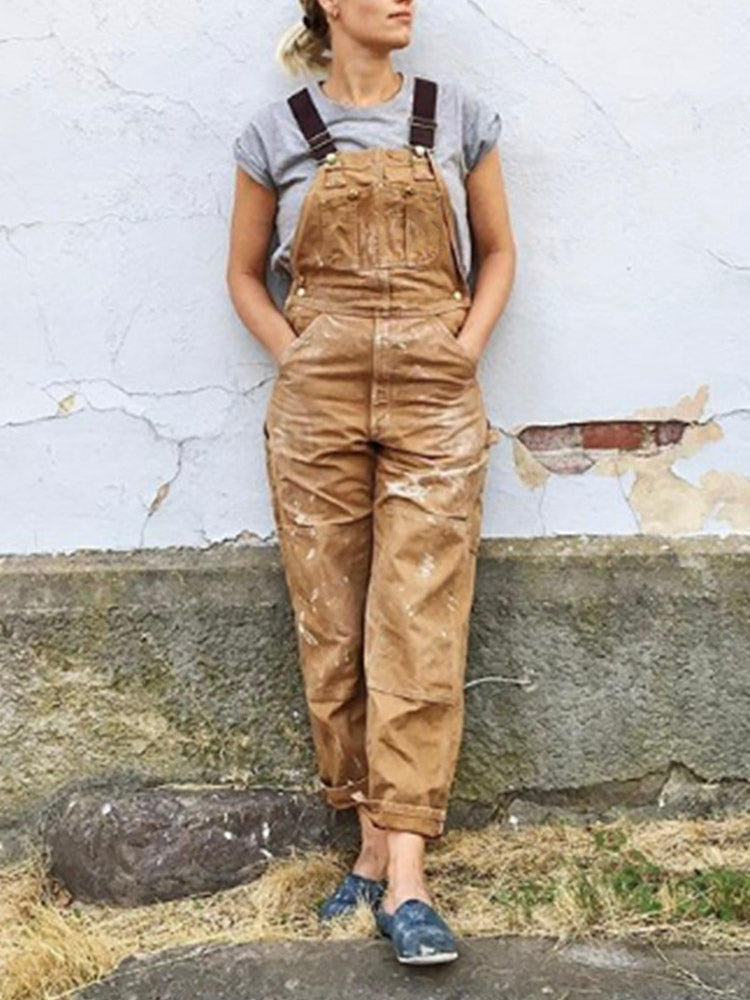 Relaxed Fit Overalls Utility Style Brown