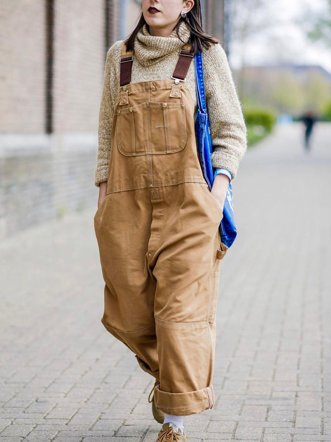 Relaxed Fit Overalls Utility Style Brown