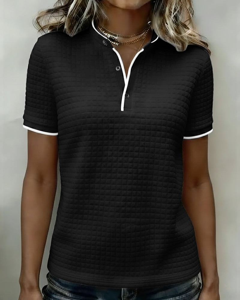 Buttoned Ribbed Jersey Top with Short Sleeves