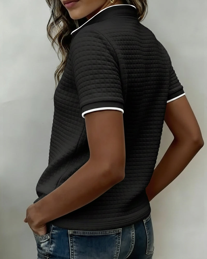 Buttoned Ribbed Jersey Top with Short Sleeves