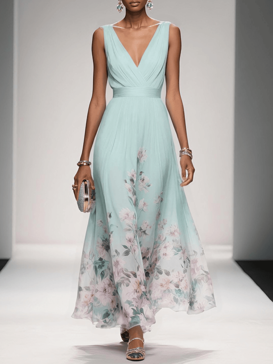 Rosa - Floral Chiffon V-Neck Maxi Dress