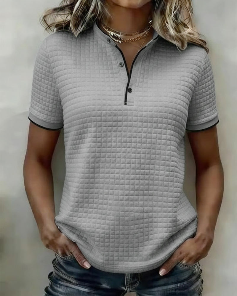 Buttoned Ribbed Jersey Top with Short Sleeves