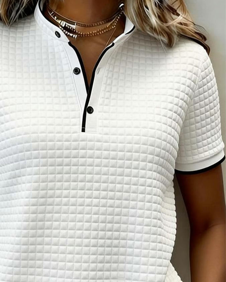 Buttoned Ribbed Jersey Top with Short Sleeves