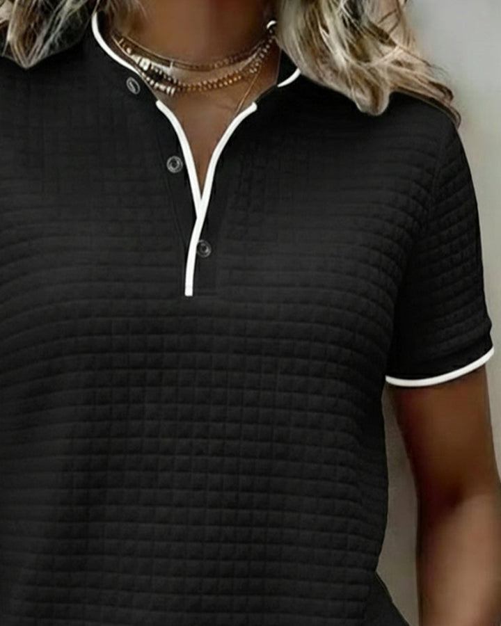 Buttoned Ribbed Jersey Top with Short Sleeves